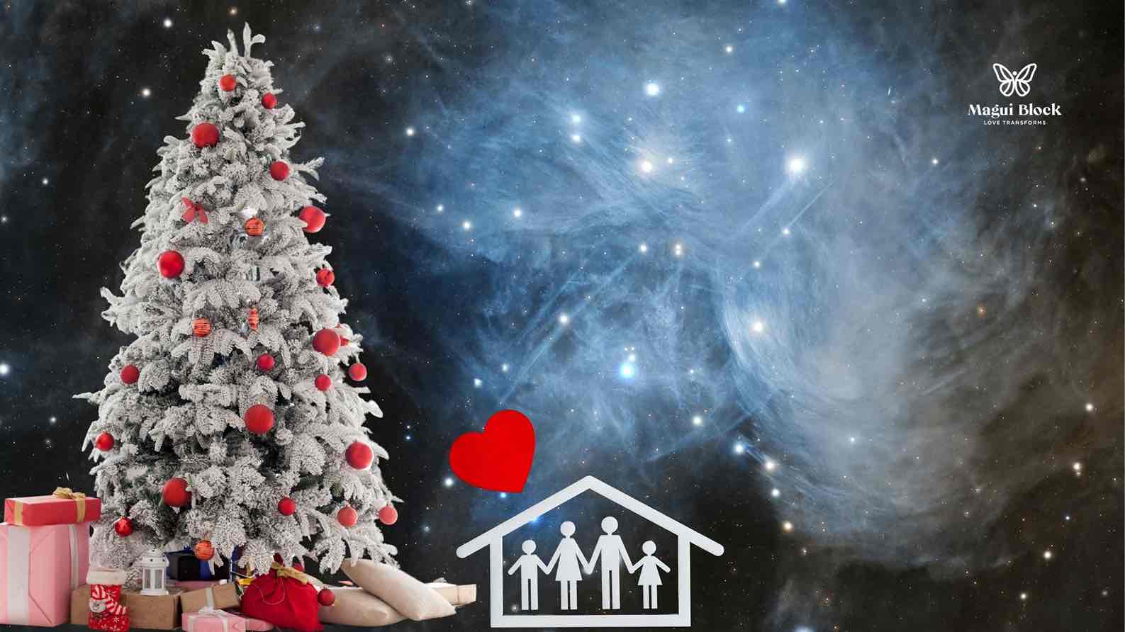 fondo de estrellas arbol de navidad casa con siluetas de familia y corazón sanar ola familia magui block