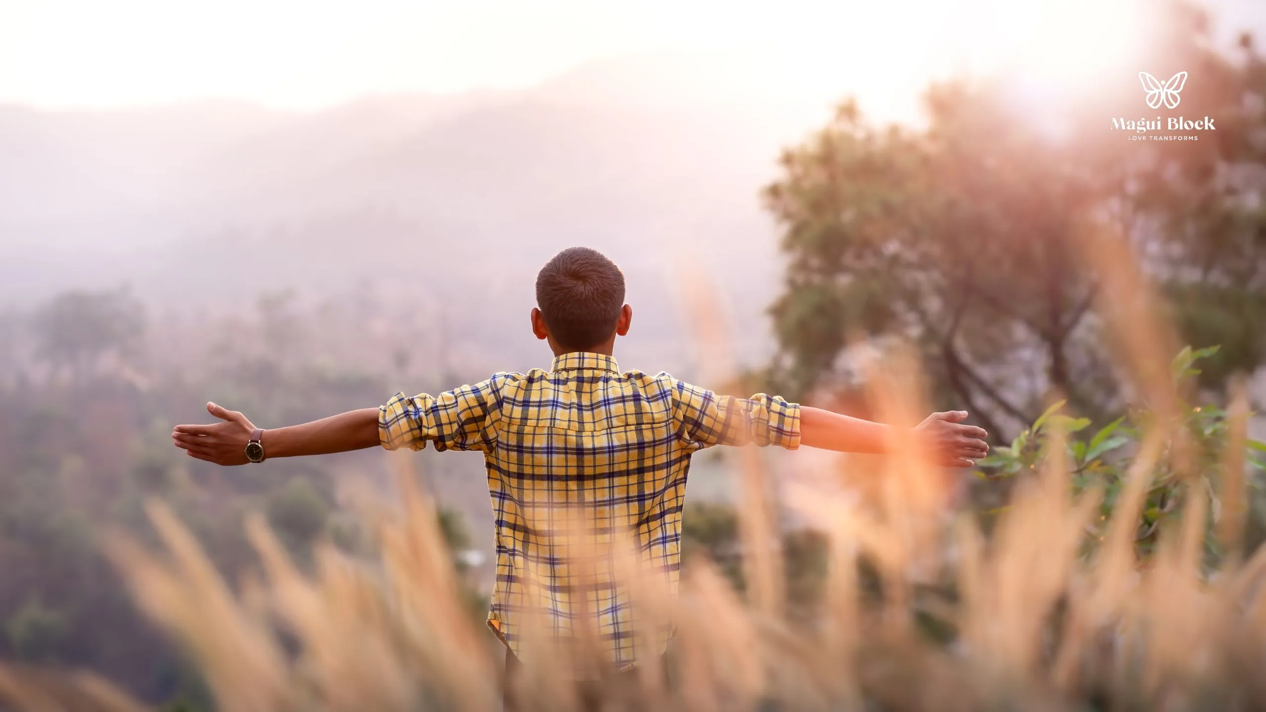 hombre con los brazos abiertos y de espaldas parado en medio del campo al atardecer perdón método magui block