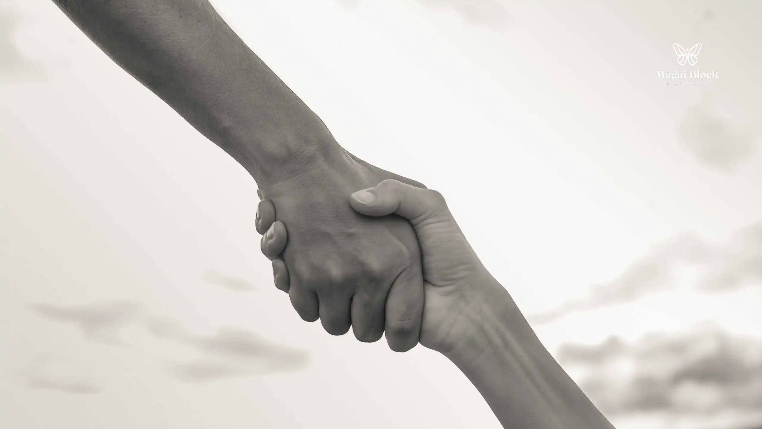 Mano desde arriba recibe una mano desde abajo imagen en blanco u negro cielo de fondo certificación Método Magui Block