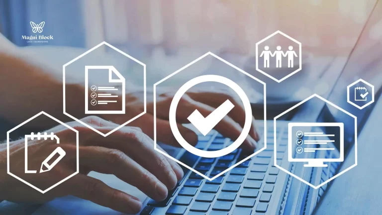 manos sobre computador con imágenes superpuestas de documentos, personas y símbolos de aprobación como certificarme en el metodo magui block